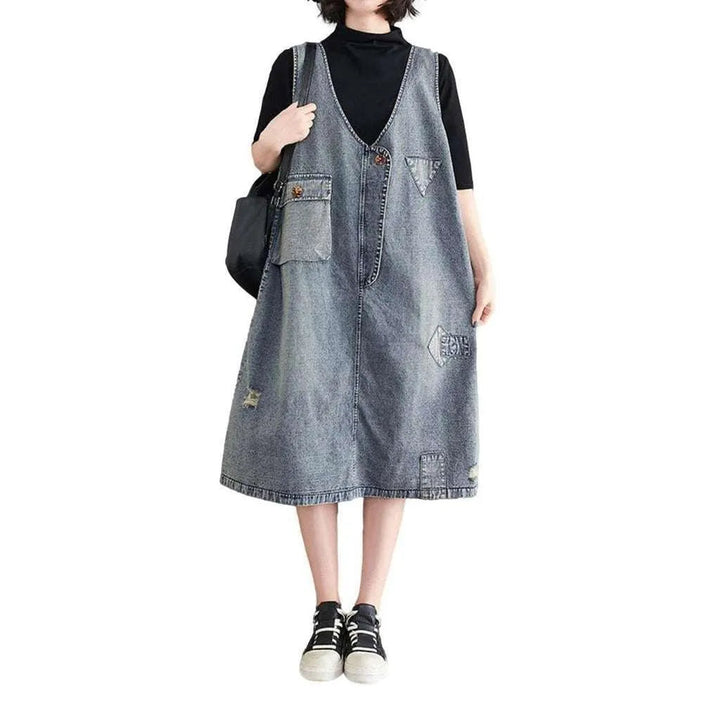 Loose Ornamented Denim Dress - Light Blue