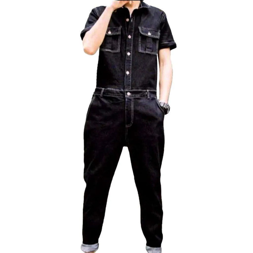 Men's Embroidered Denim Jumpsuit - Black