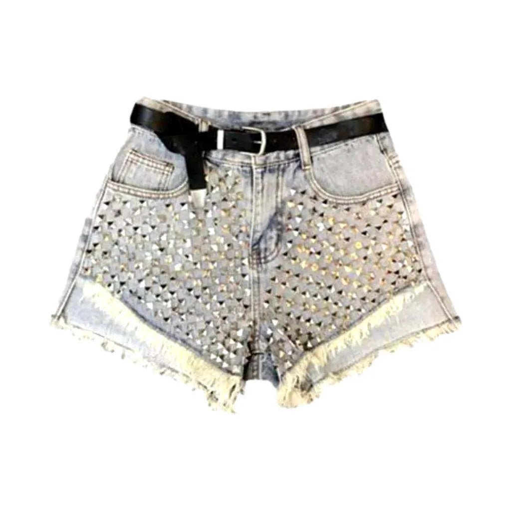 Metal embellished asymmetric denim shorts