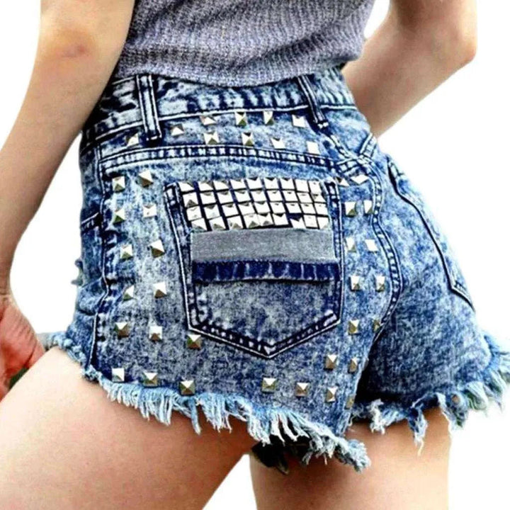 Metal embellished distressed denim shorts