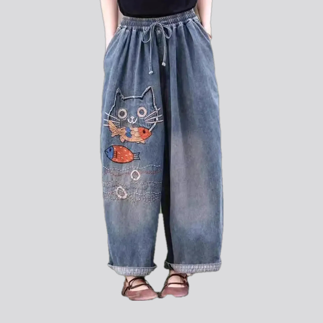 Mid Rise Boho Cat Design Women's Jean Pants | Jeans4you.shop