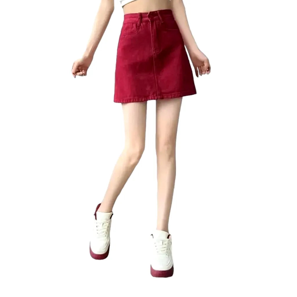 Mid-waist red women's jeans skort