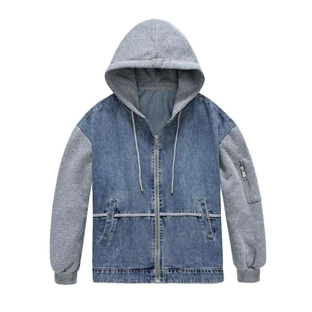 Mixed fabric hooded denim jacket