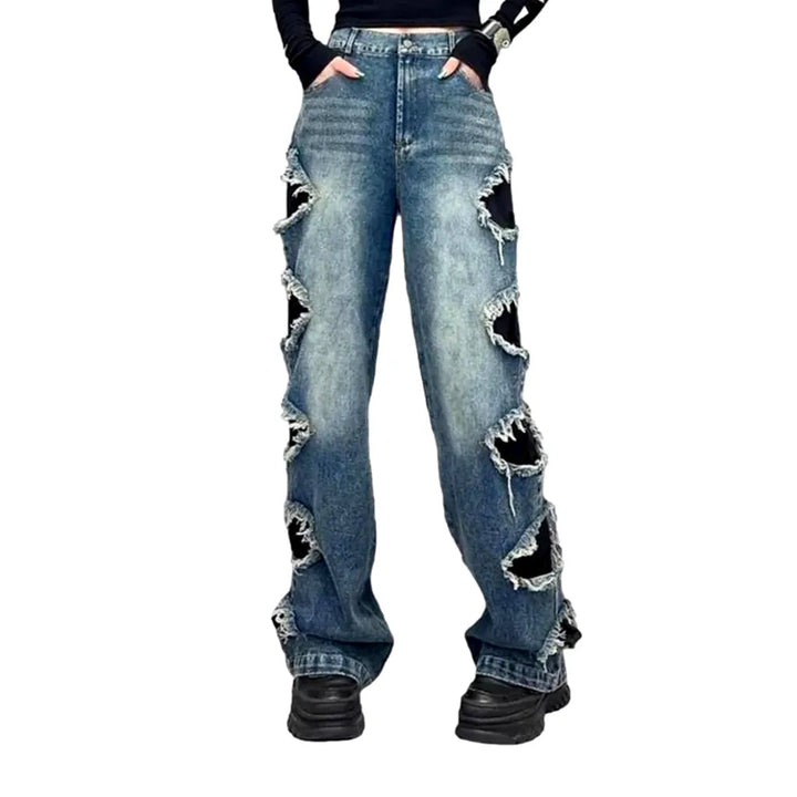 Mixed-fabrics sanded jeans
 for ladies