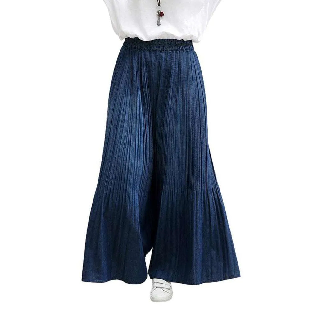 Navy pleated culottes denim pants