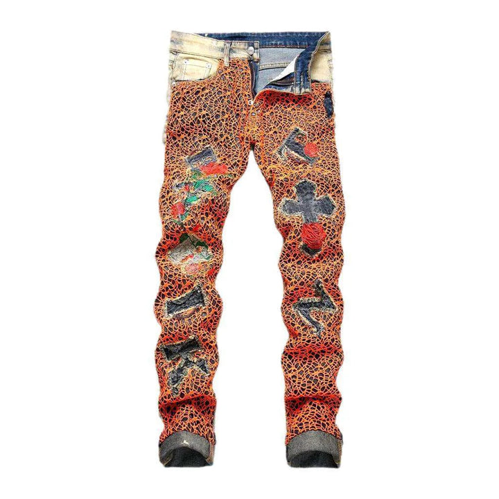Orange all-over embroidery jeans