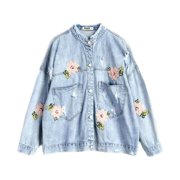 Oversized Light Wash Floral Women's Denim Jacket - Light Blue