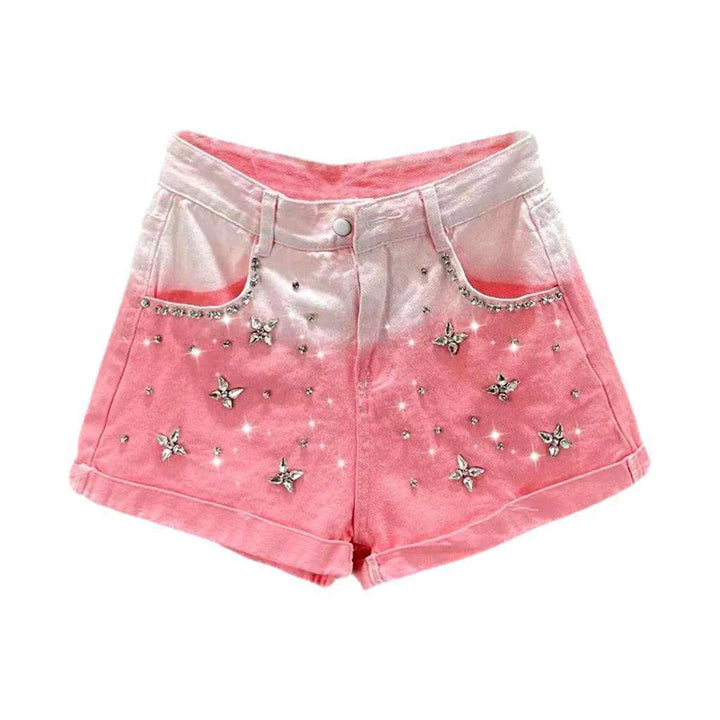 Pink contrast rhinestone denim shorts
