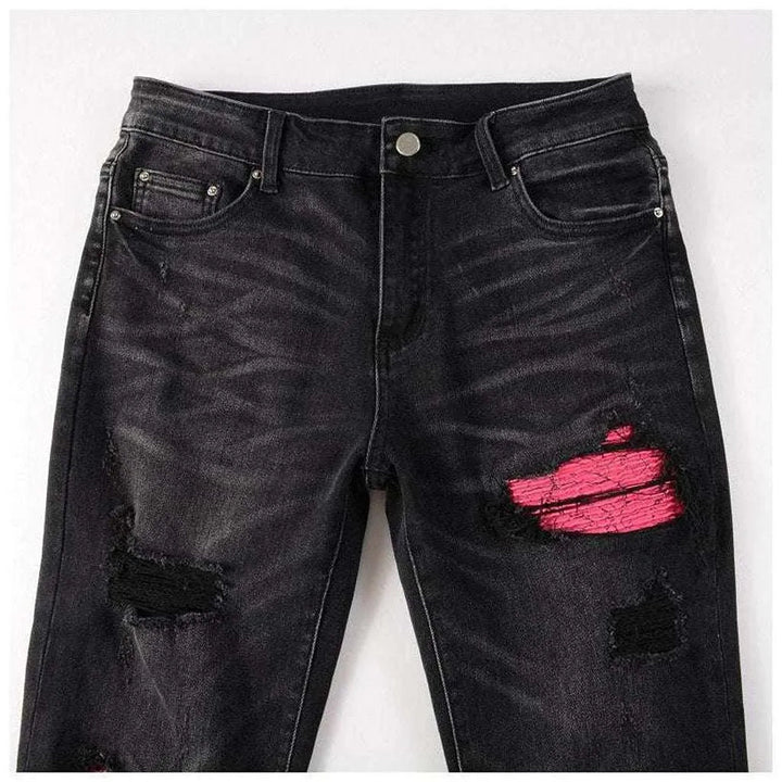 Pink patch men's biker jeans