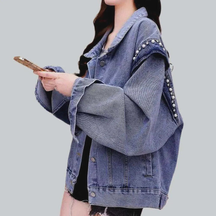 Pearl embellished shoulders denim jacket | Jeans4you.shop