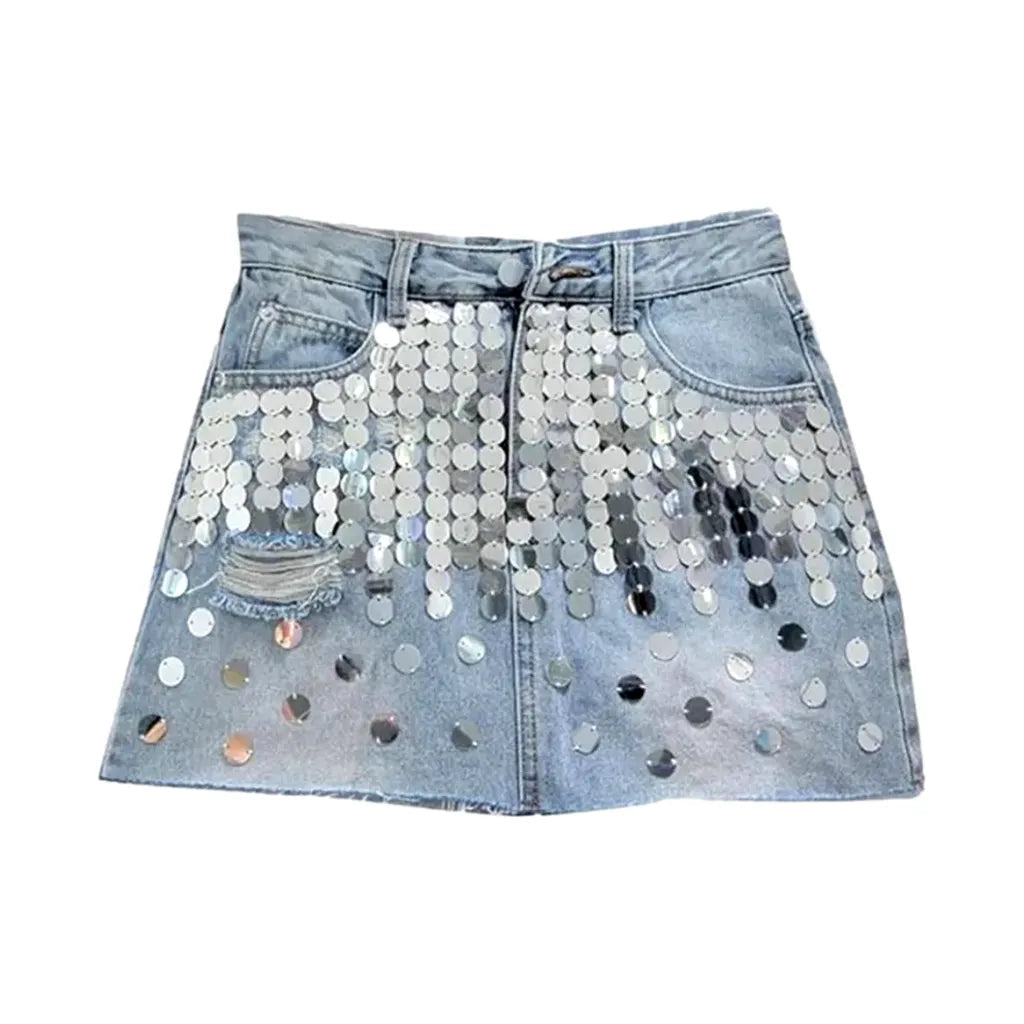 Raw-hem shiny women's denim skort