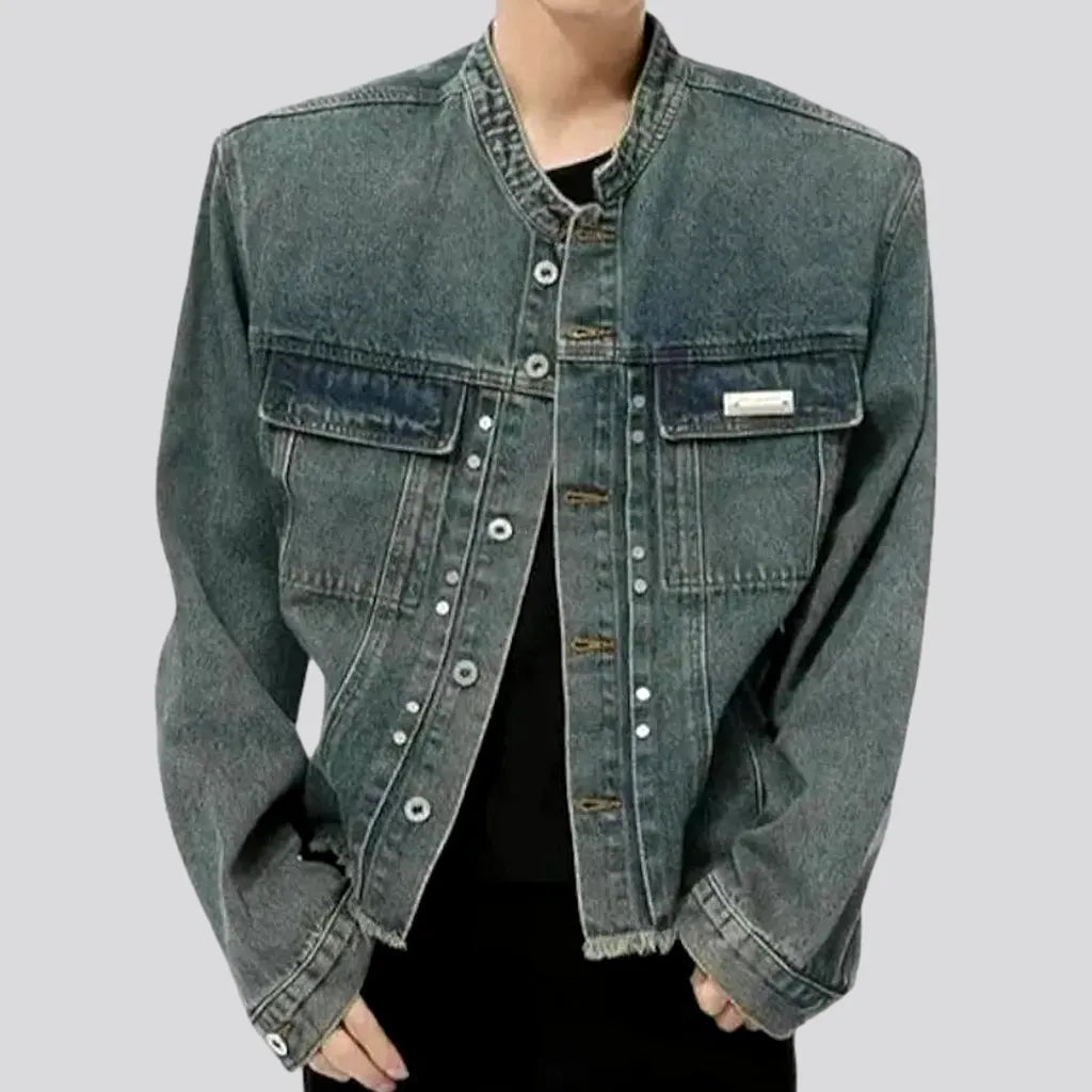 Retro Pattern Raw Hem Jeans Jacket for Men | Jeans4you.shop