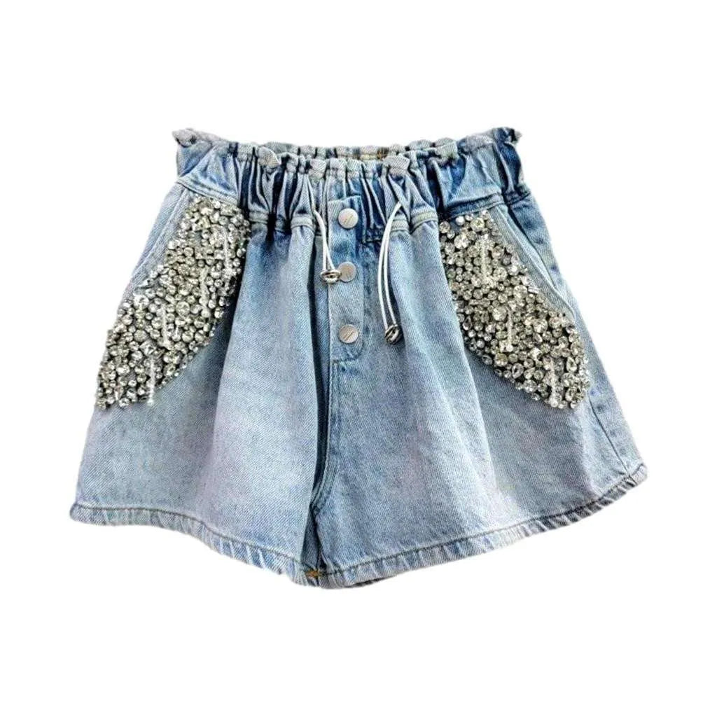 Rhinestone pocket women's denim shorts