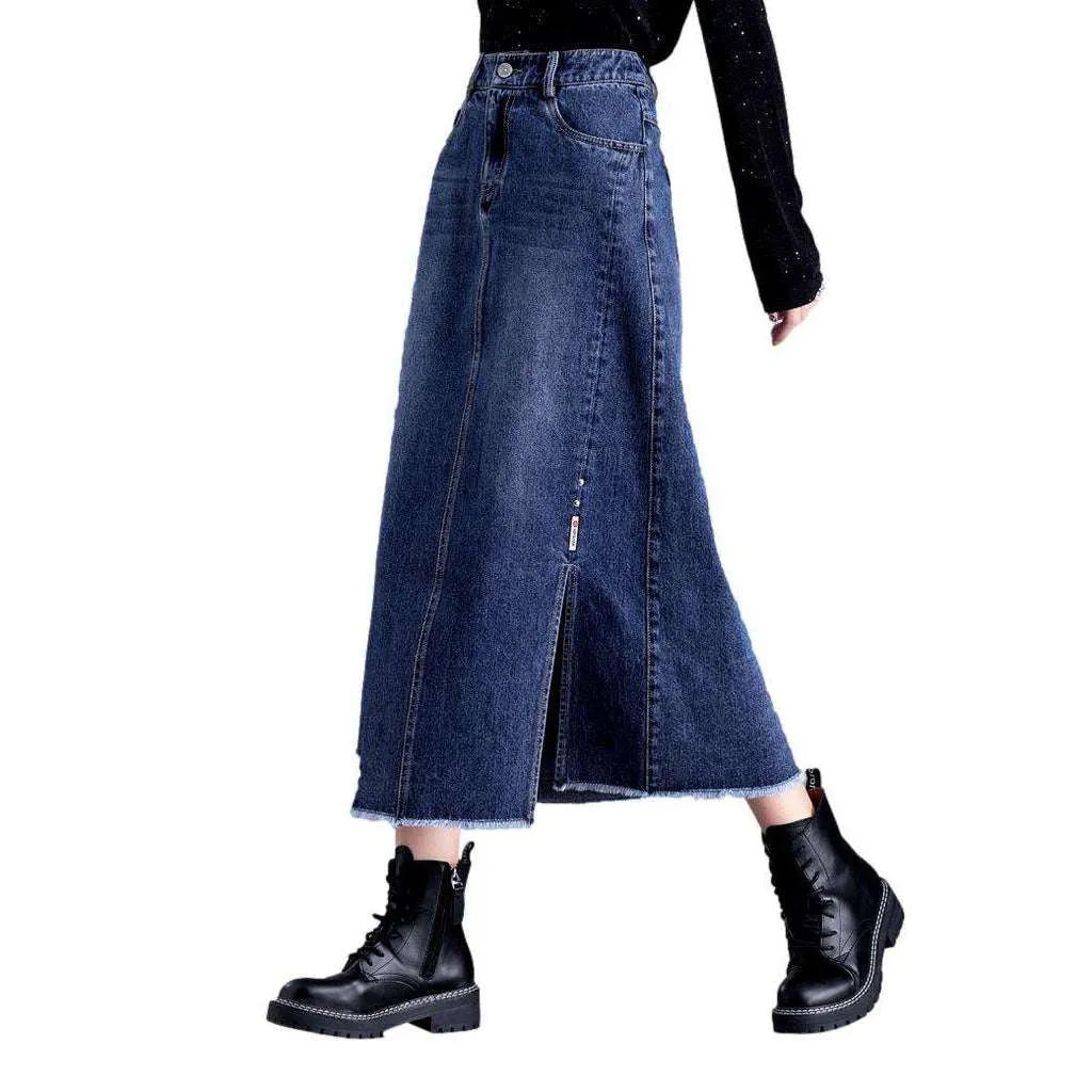 Ripped hem long denim skirt