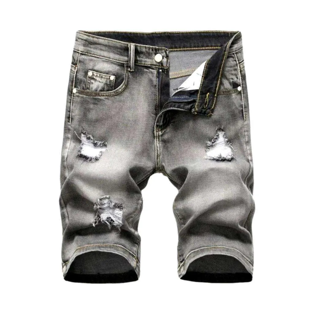 Ripped slim men's denim shorts