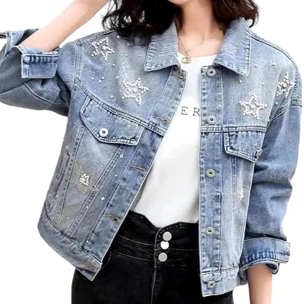 Sanded light-wash denim jacket for women