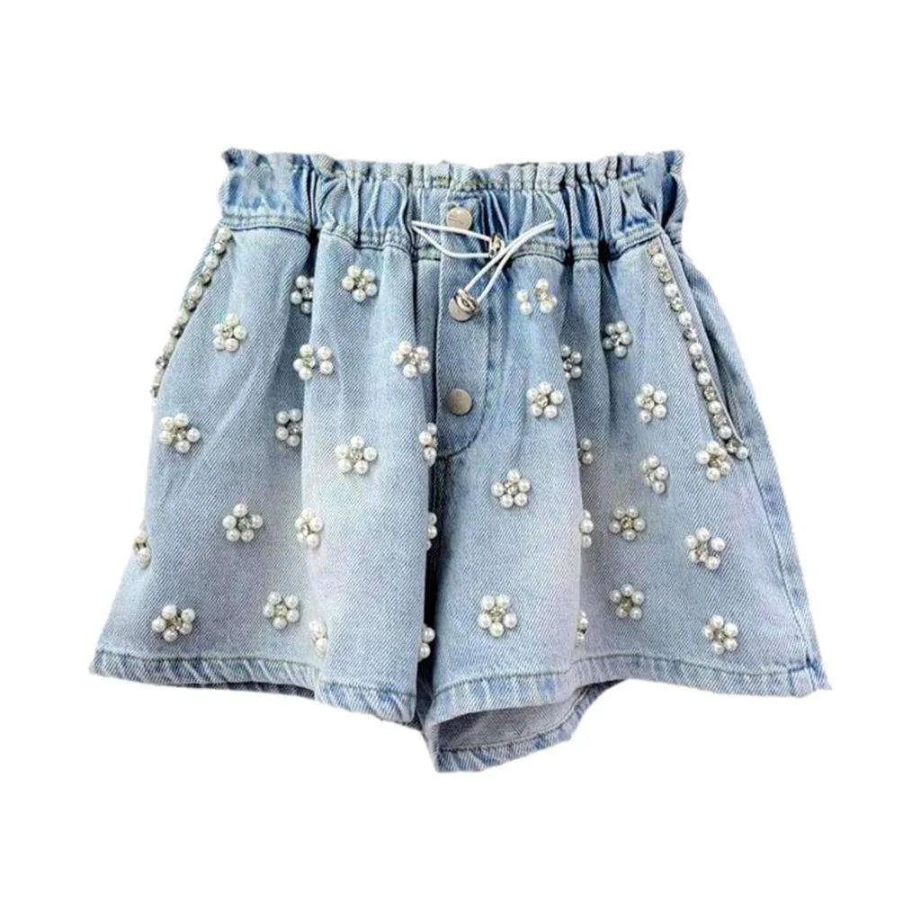 Small pearl embellished denim shorts