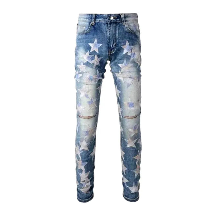 Stars-embroidery men's distressed jeans