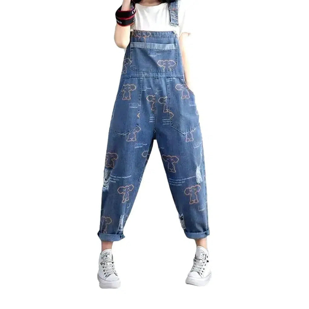 Trendy Baggy Painted Jeans Dungaree for Ladies - Light Blue