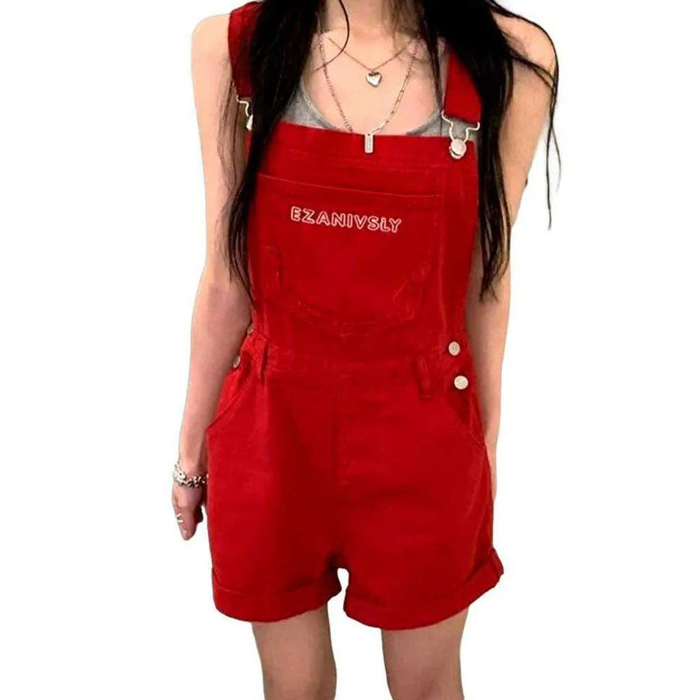 Stylish Jeans Overall Shorts for Women - Red