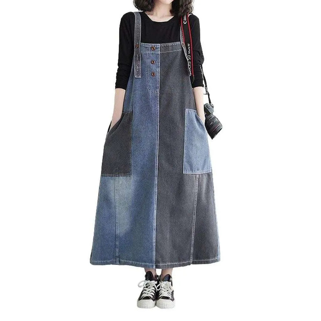 Trendy Urbane Two Pattern Denim Dress - Blue