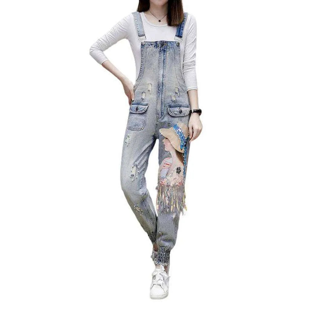 Women's Slim Denim Embroidered Dungaree - Light Blue